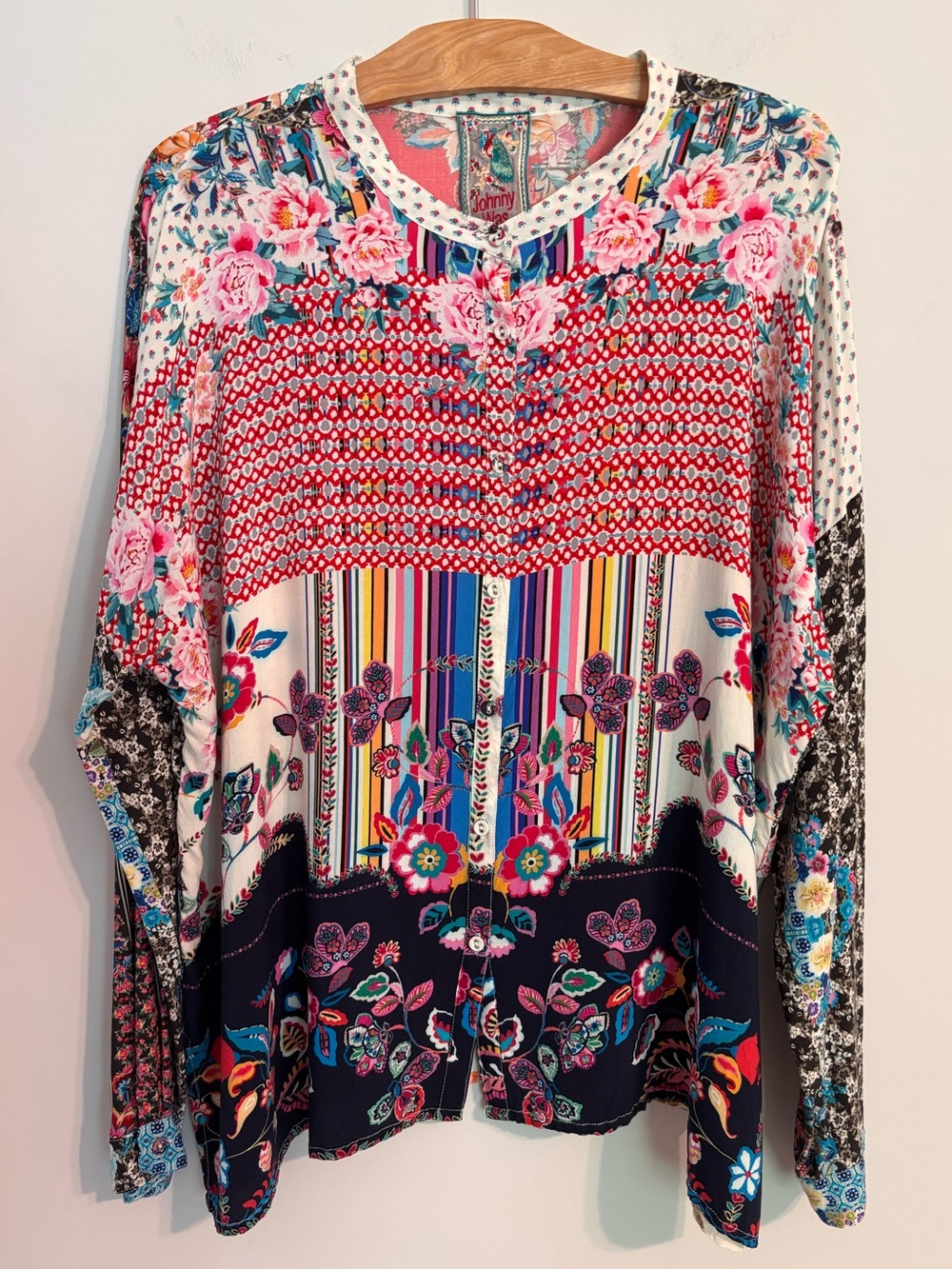 Johnny Was multicolor printed patchwork button-down blouse